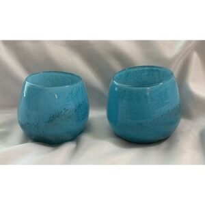 West Elm Votives Hand Blown  "Speckled Luster" Aqua Blue Coastal Set Of 2